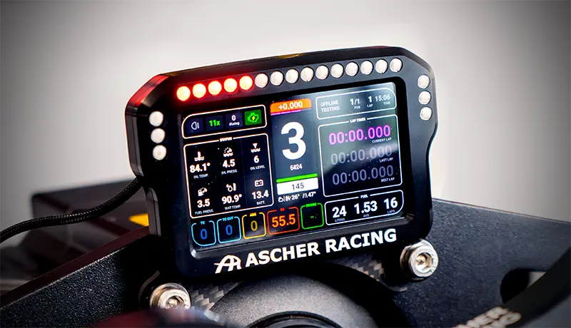 The Ascher Racing Dashboard  front on photo with 3rd gear on the screen you can see some red lights before you need to gear change. it is black with an off white background